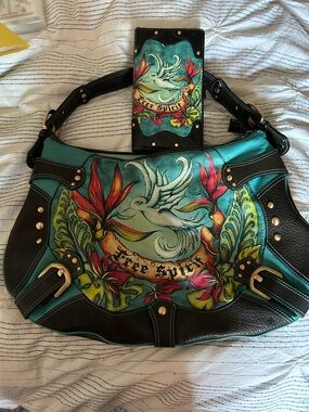 Isabella Fiore Teal and Black Floral 'Free Spirit' Shoulder Bag with Wallet